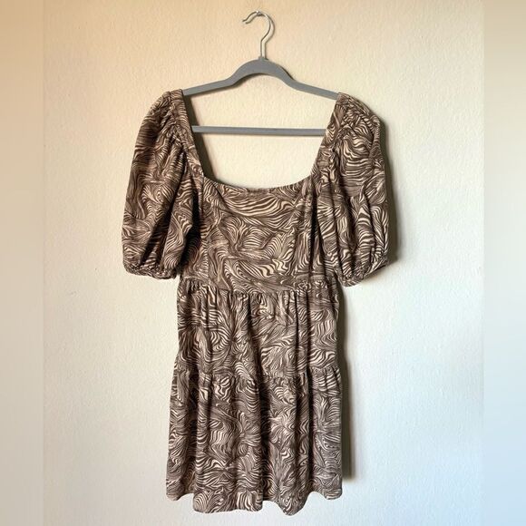 House of Harlow Mini Brown Dress Print Linen Puff Sleeve Babydoll Size S - Picture 7 of 11